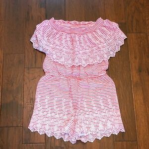 Crown & Ivy off the shoulder pink striped romper with eyelet detail size Small